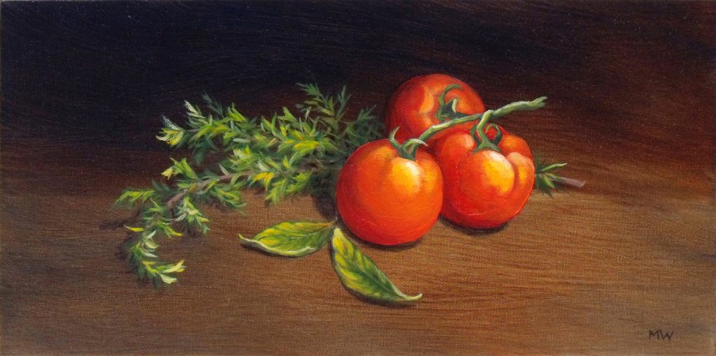 Tomatos & Herbs, 8"h x 16"w, oil:panel, framed, 2012, MWebber