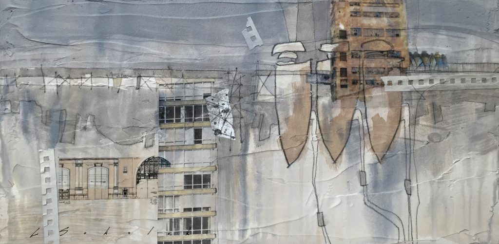 Lori Sokoluk, We Stand As The Face Of Time, 12x24, mixed media and collage on wood panel, $700 framed