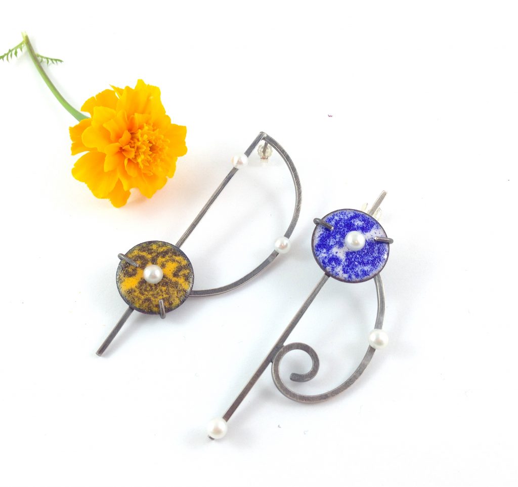 yellow and blue enamel earrings Patsy Kolesar